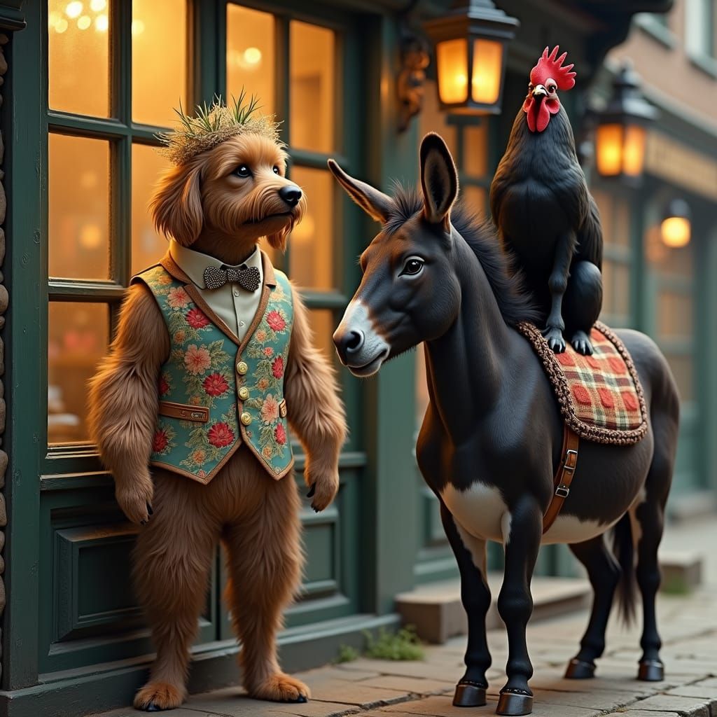 Dog, Donkey, Cat, and Rooster Outside a Pub