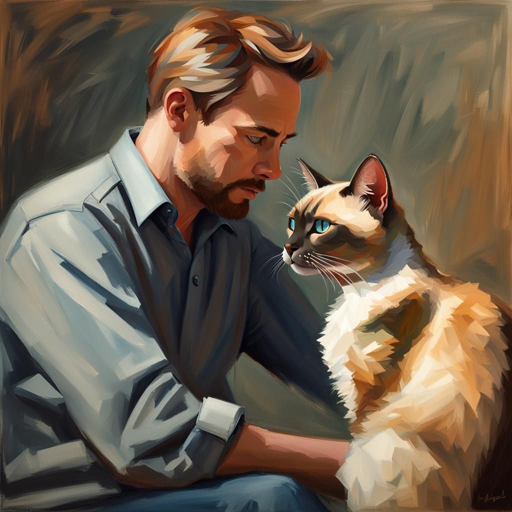 Impressionistic Portrait of Man with Siamese Cat