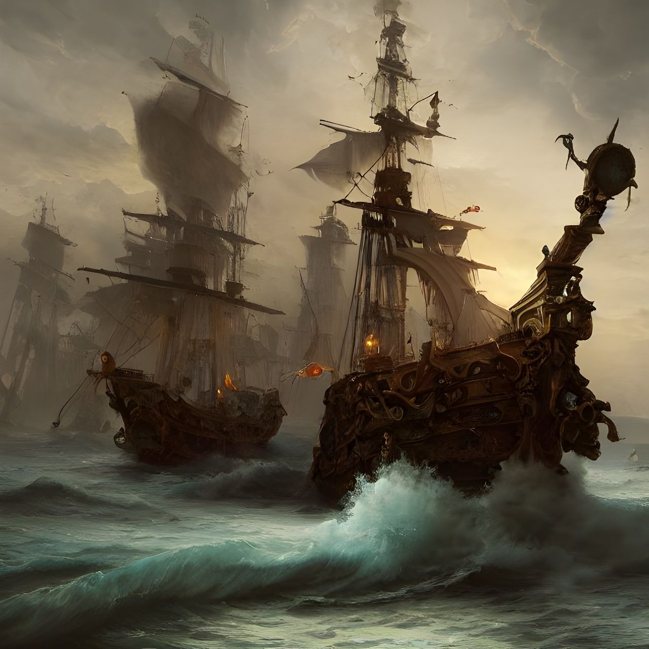 Epic Pirate Ship Battle Painting in Hyperrealism