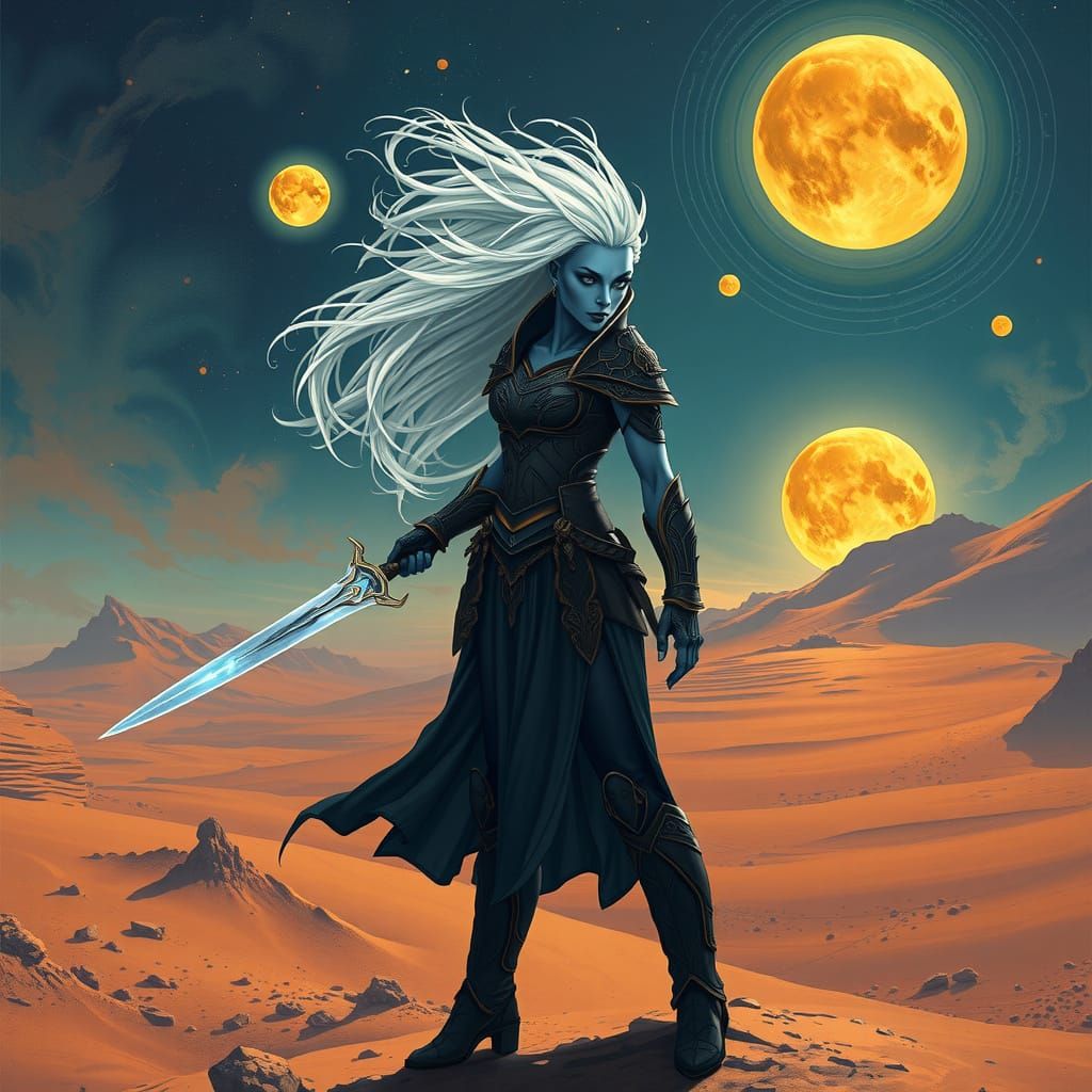 Blue Drow Warrior Silhouetted in Alien Desert Landscape