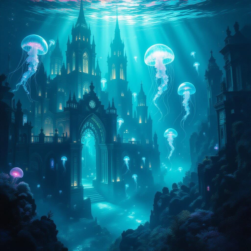 Surreal Underwater Cityscape with Gothic Architecture