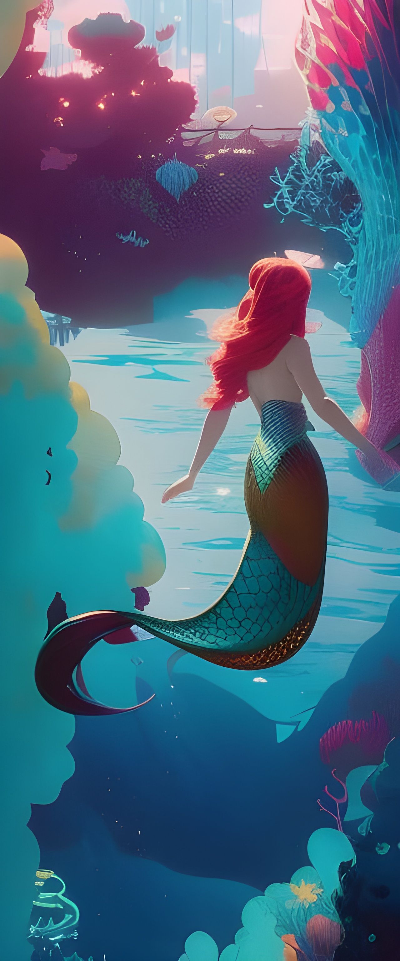 Ariel-like Mermaid Swimming in Sunlight