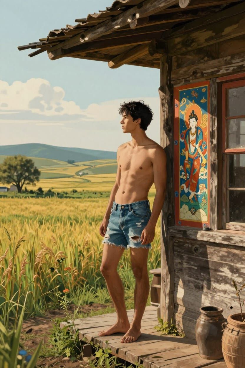 Man Gazes Over Sun-Drenched Fields from Cabin Porch