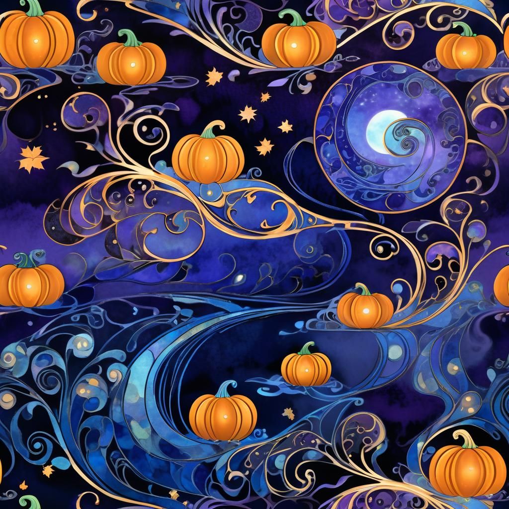 Ethereal Flaming Pumpkin in Art Nouveau Style