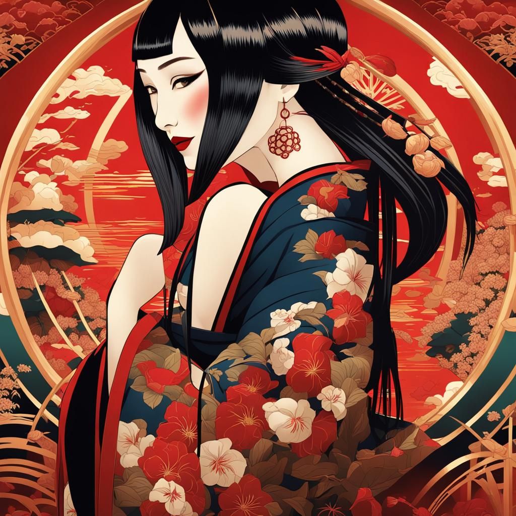 Art Deco Japanese Flapper Illustration in 8K