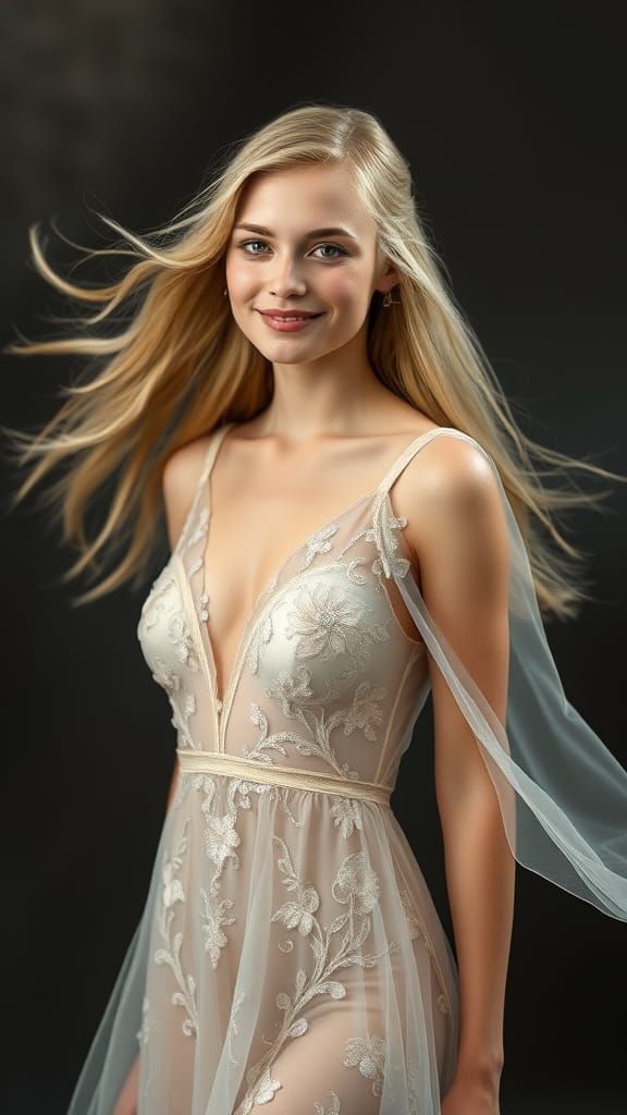Elegant Blonde Woman in Flowing Dress, Digital Art