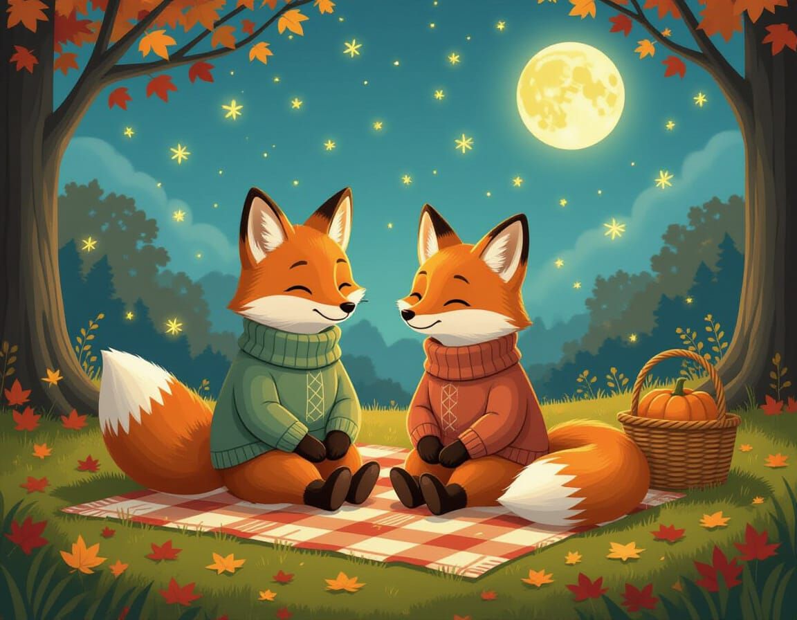 Foxes' Autumn Picnic: A Whimsical Scene