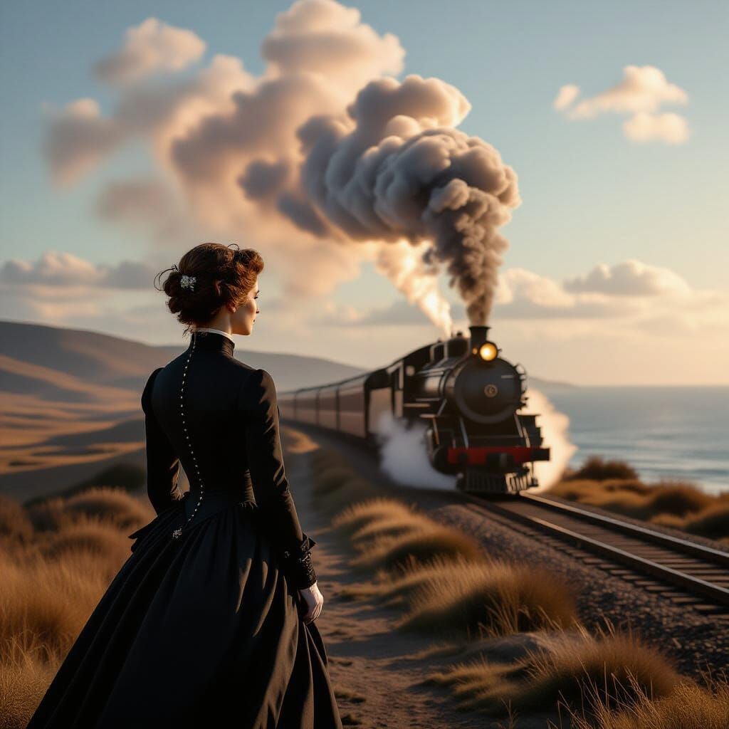 Woman on Windswept Horizon with Distant Steam Train