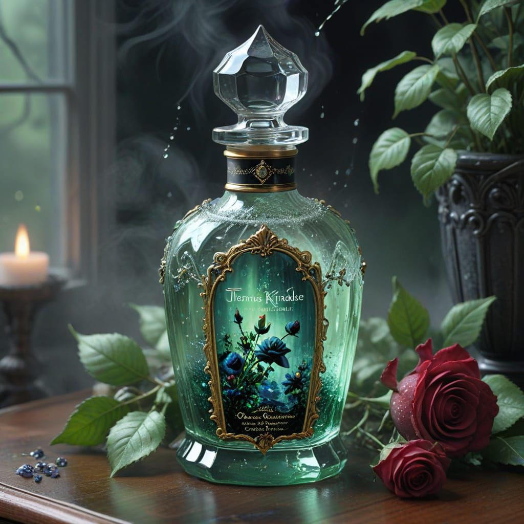 Gothic Perfume Bottle with Water Splash and Black Green Peta...