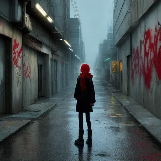 Defiant Woman in Dystopian Anime Cityscape