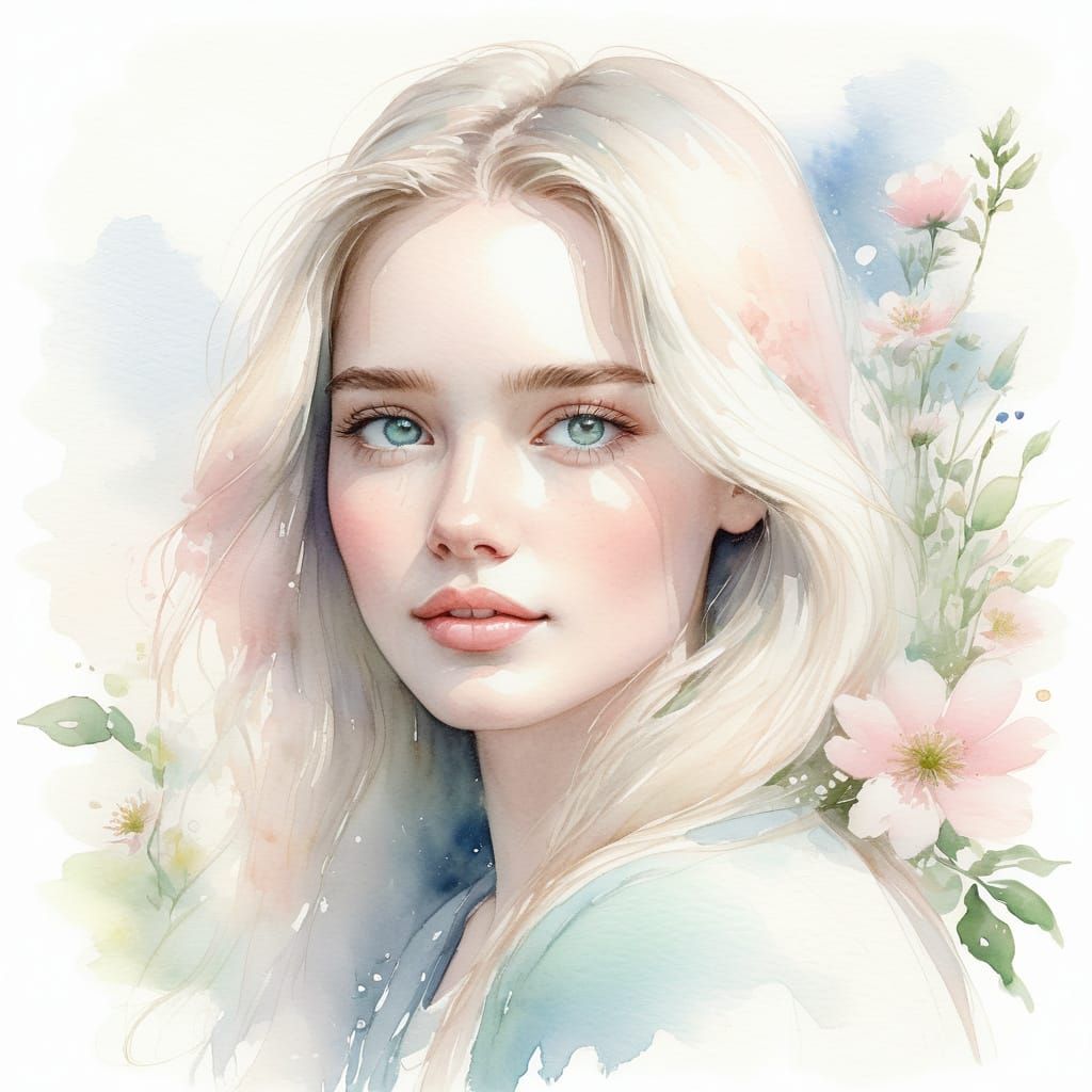 Pretty Woman Portrait in Watercolor Sketch Style