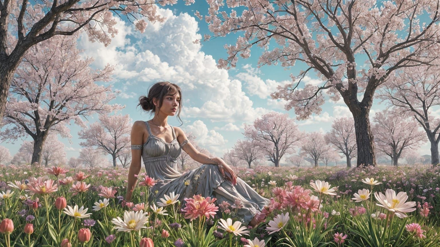 Stunning Woman in Whimsical Spring Landscape Painting