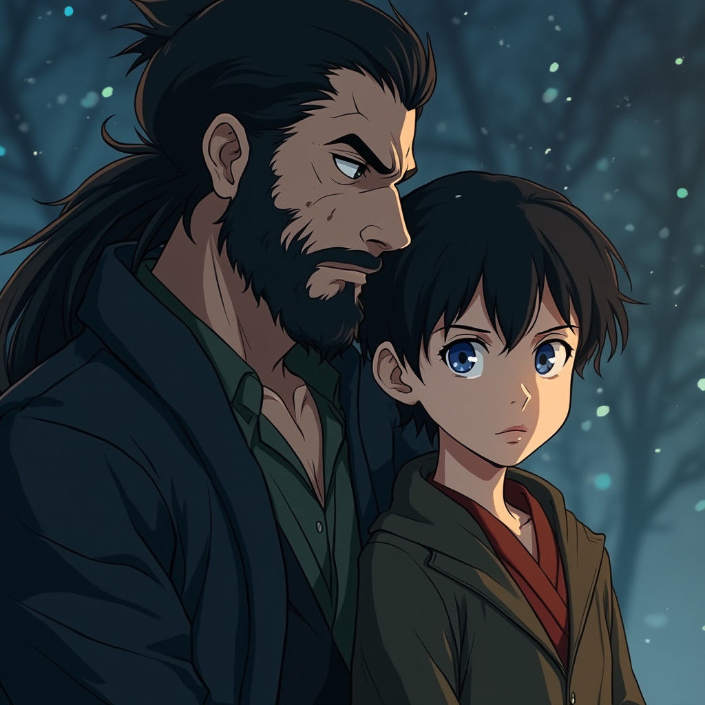 Warrior Father and Wizard Son in Anime Style