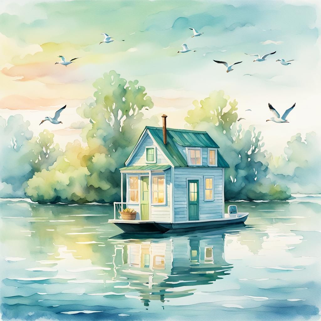 Tiny Houseboat on Calm Water in Watercolor Style
