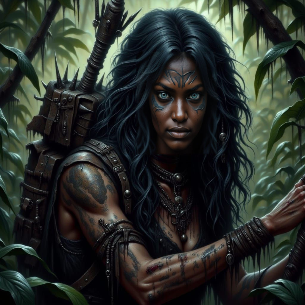 Rugged Jungle Hunter Woman with Scars