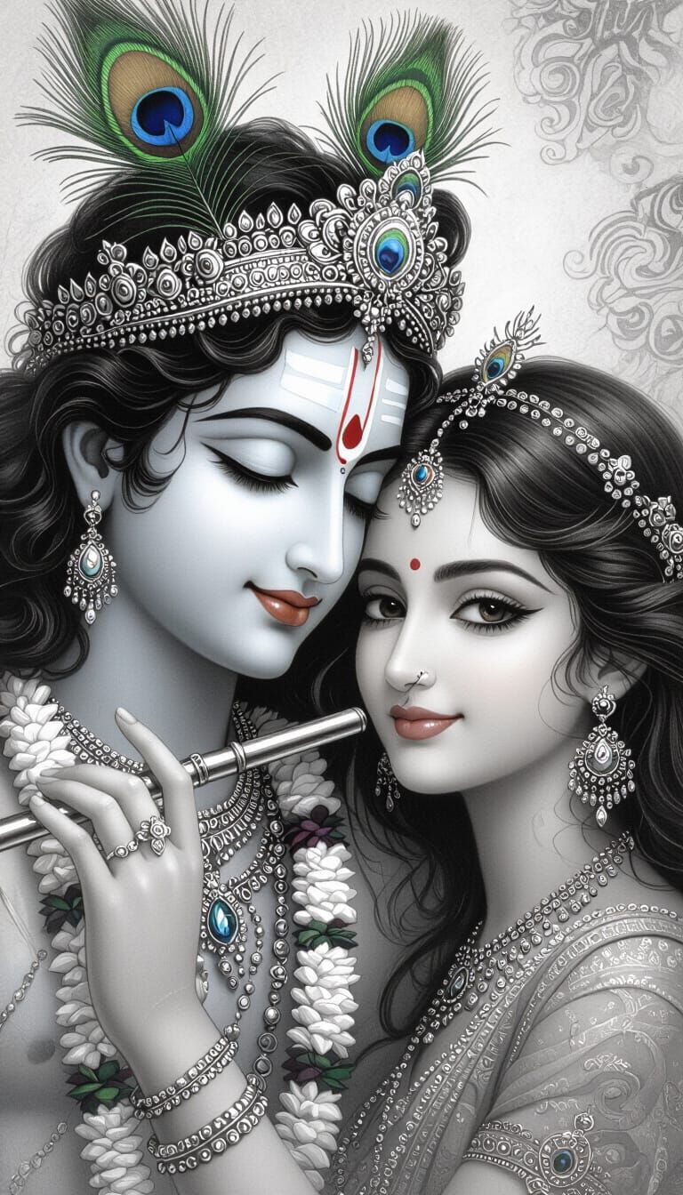 Krishna and Woman: Hyperdetailed Charcoal Drawing