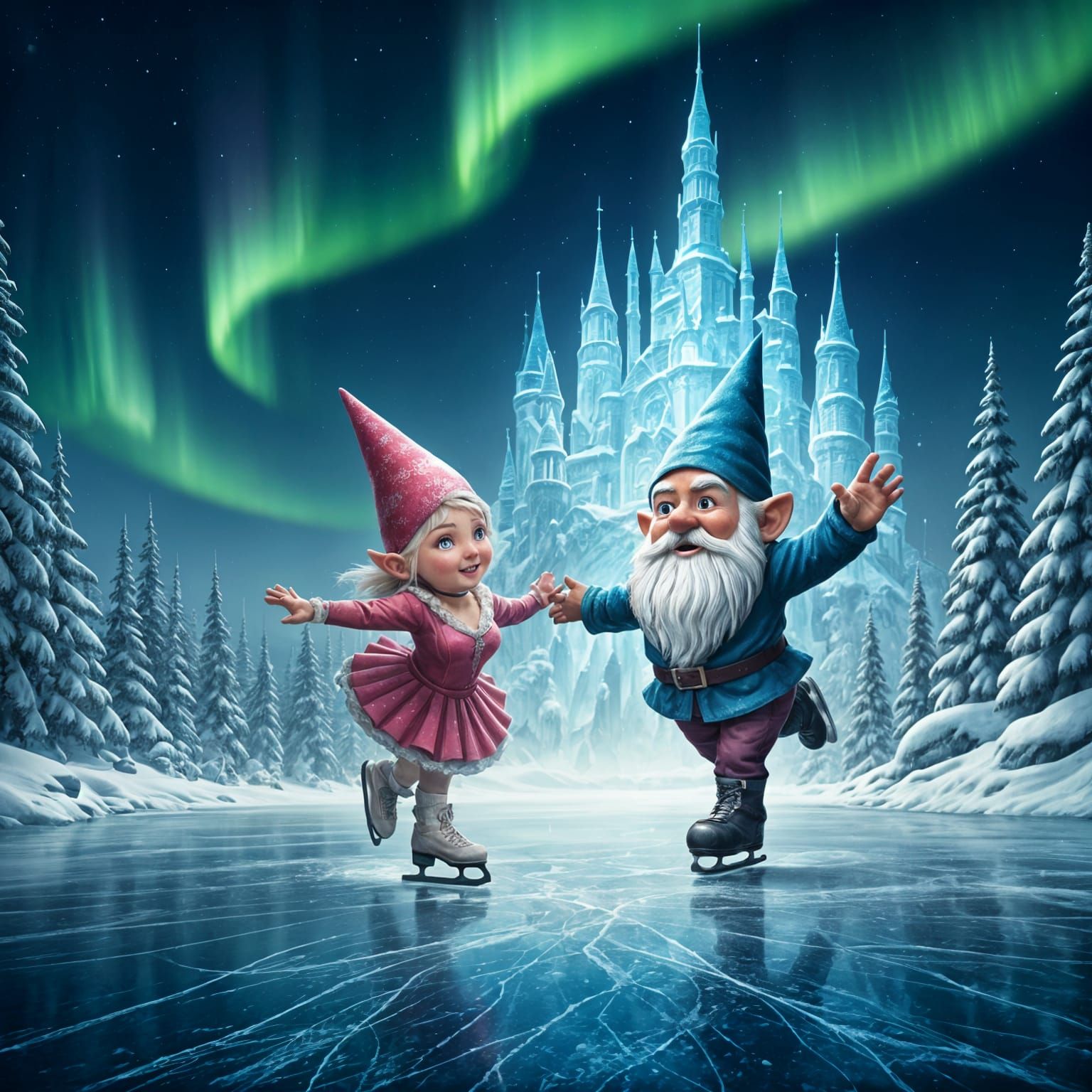 Gnome Ice Skating Spectacle Under Northern Lights