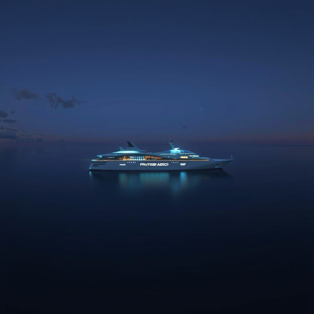 Futuristic Cruise Ship at Night: Aerial View