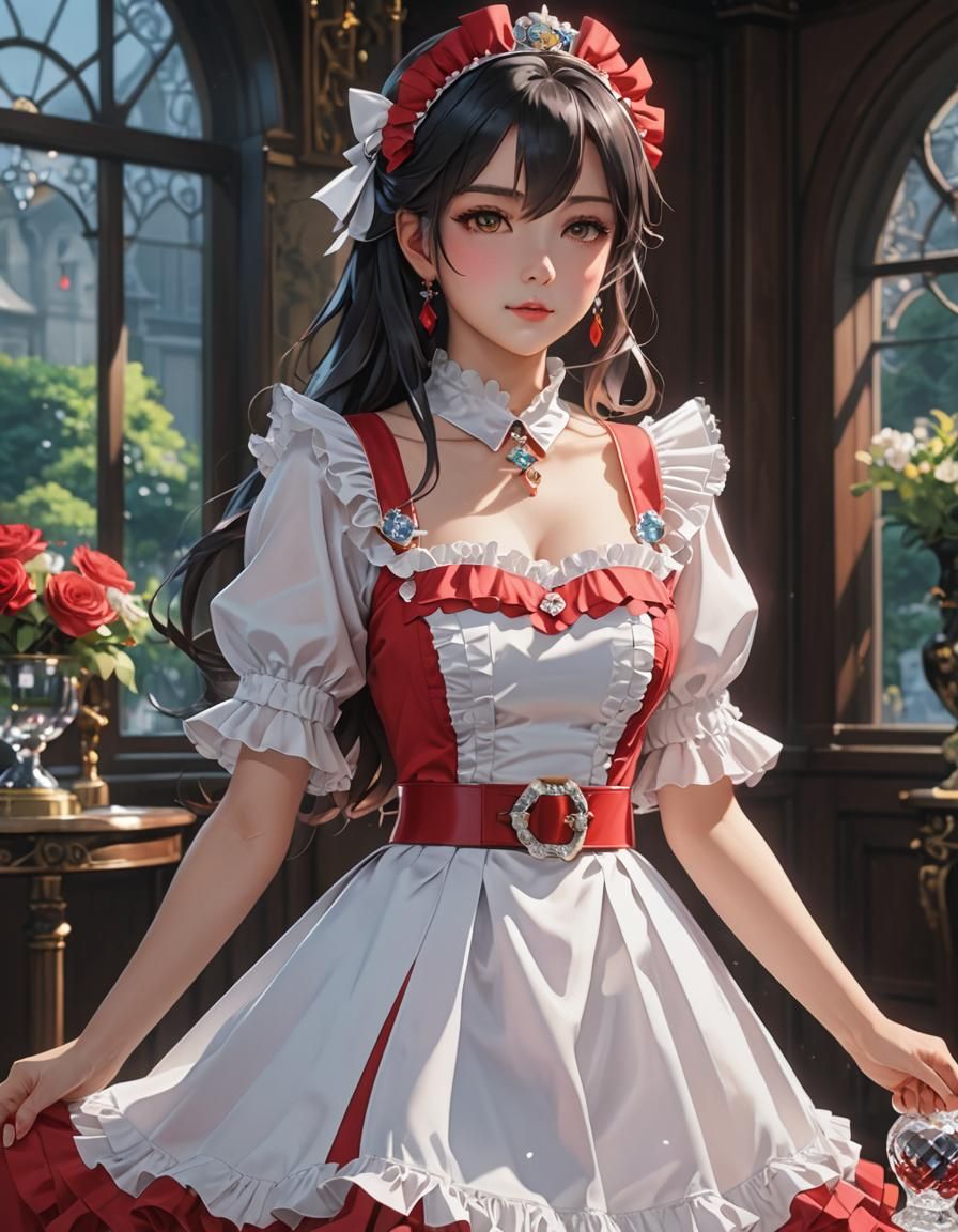 Red Maid Dress in Anime Style