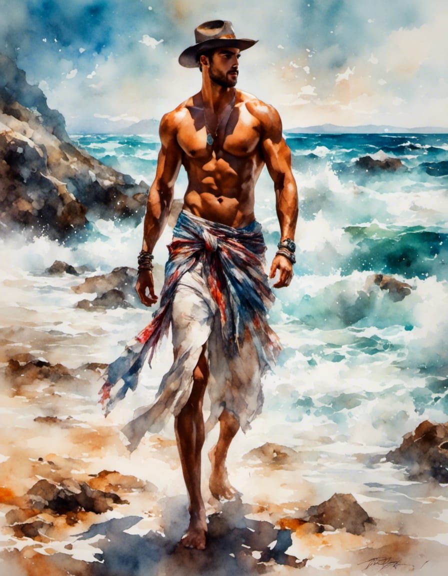 Handsome Young Man on Fantasy Beach in Gouache Style