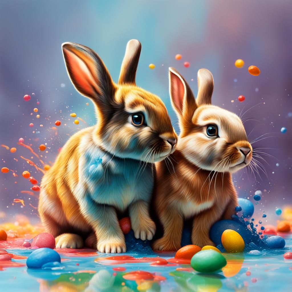 Hyperrealistic Baby Bunnies at Play: Splash Art