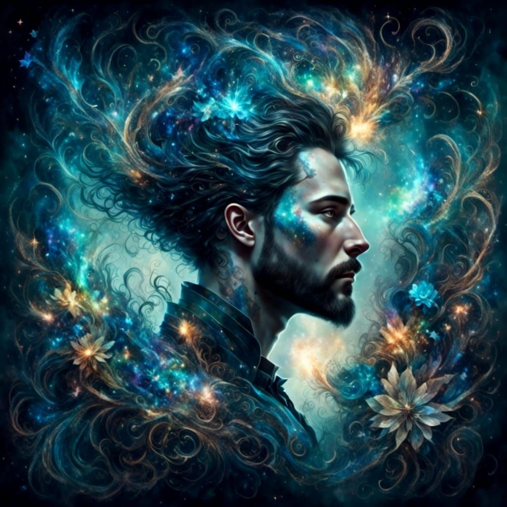 Luminous Portrait of Bearded Man with Flowers