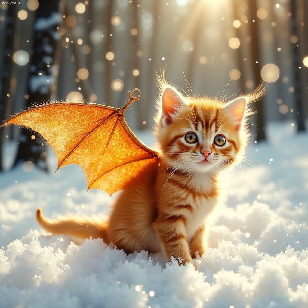 Vibrant Dragon Kitten in Winter Wonderland