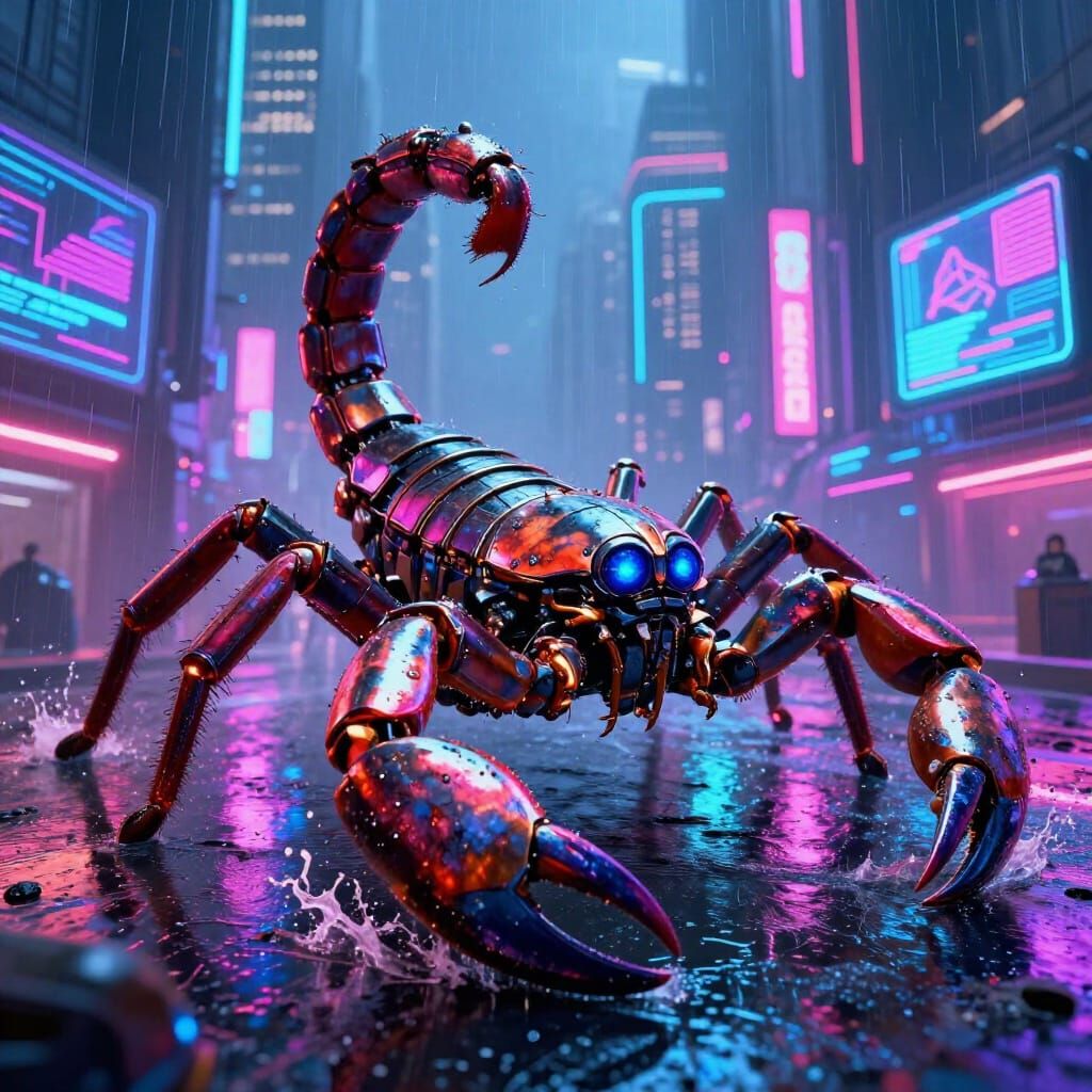 Giant Robot Scorpion in Neon Cyberpunk City