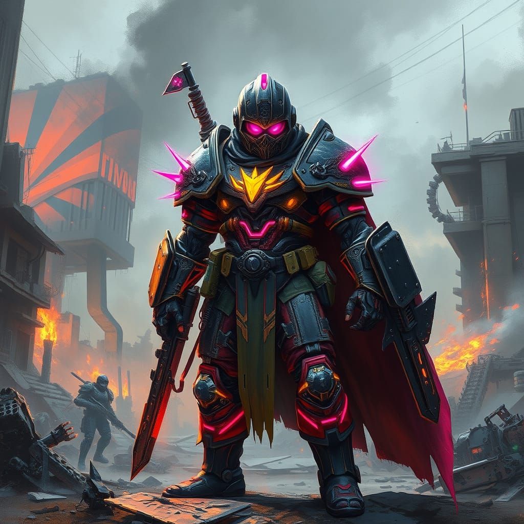 Cyberpunk Warrior Stands Tall in a Dystopian Wasteland
