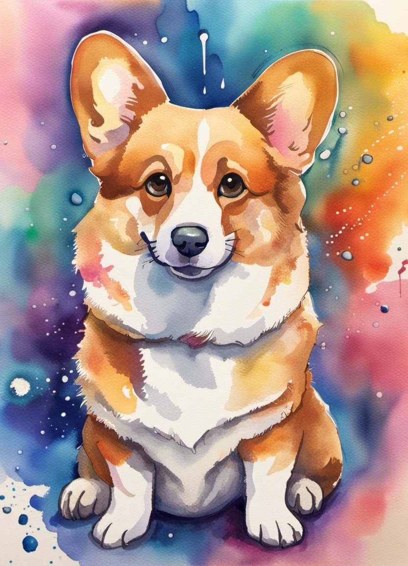 Watercolor Corgi with Radiant Nebula Background