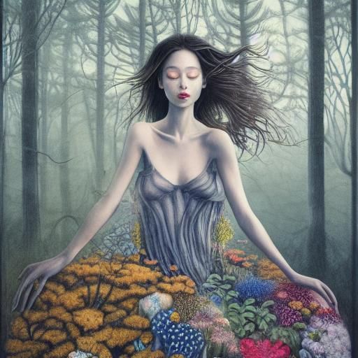 Celestial Fungi Hunter in Surreal Floral Chair