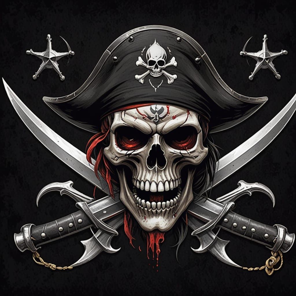 Black pirate flag with a blood-red colored skull in the cent...