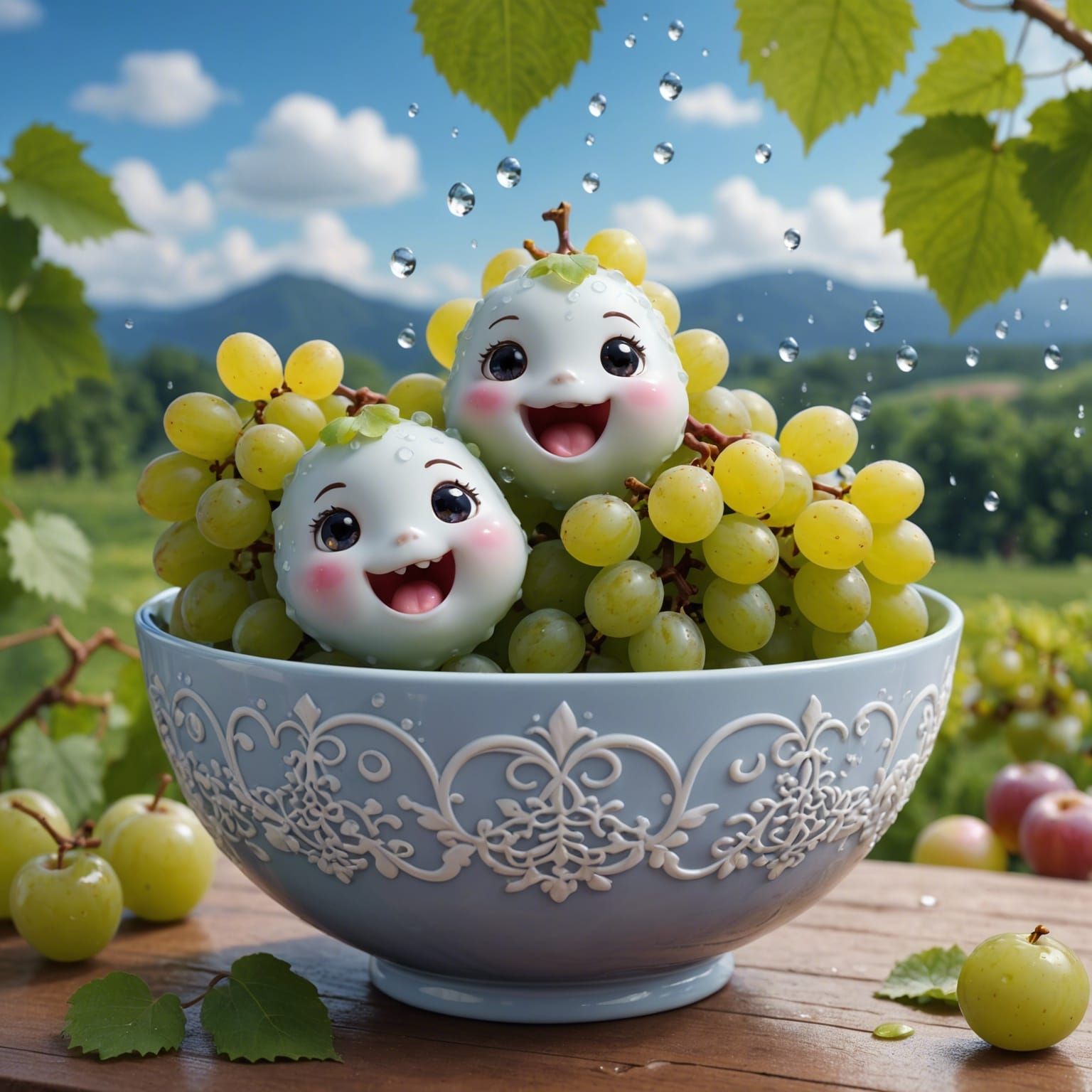 Chibi Grapes in Porcelain Bowl CGI Art