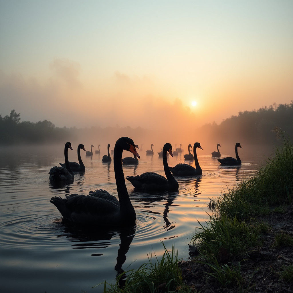 Black Swans Gliding on River at Dusk