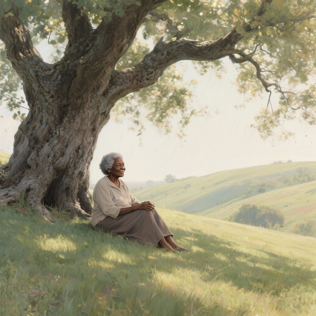 Elderly Woman Under Ancient Oak Tree, Peaceful Scene