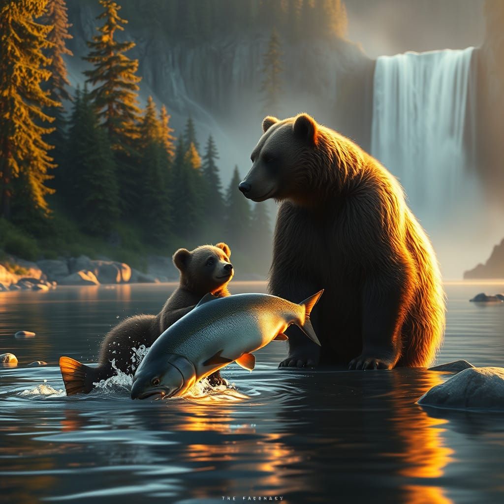 Serene Forest Scene with Grizzly Bear Cubs Learning to Fish