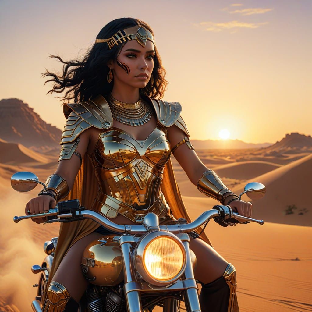 Cleopatra Rides Motorcycle in Sci-Fi Desert