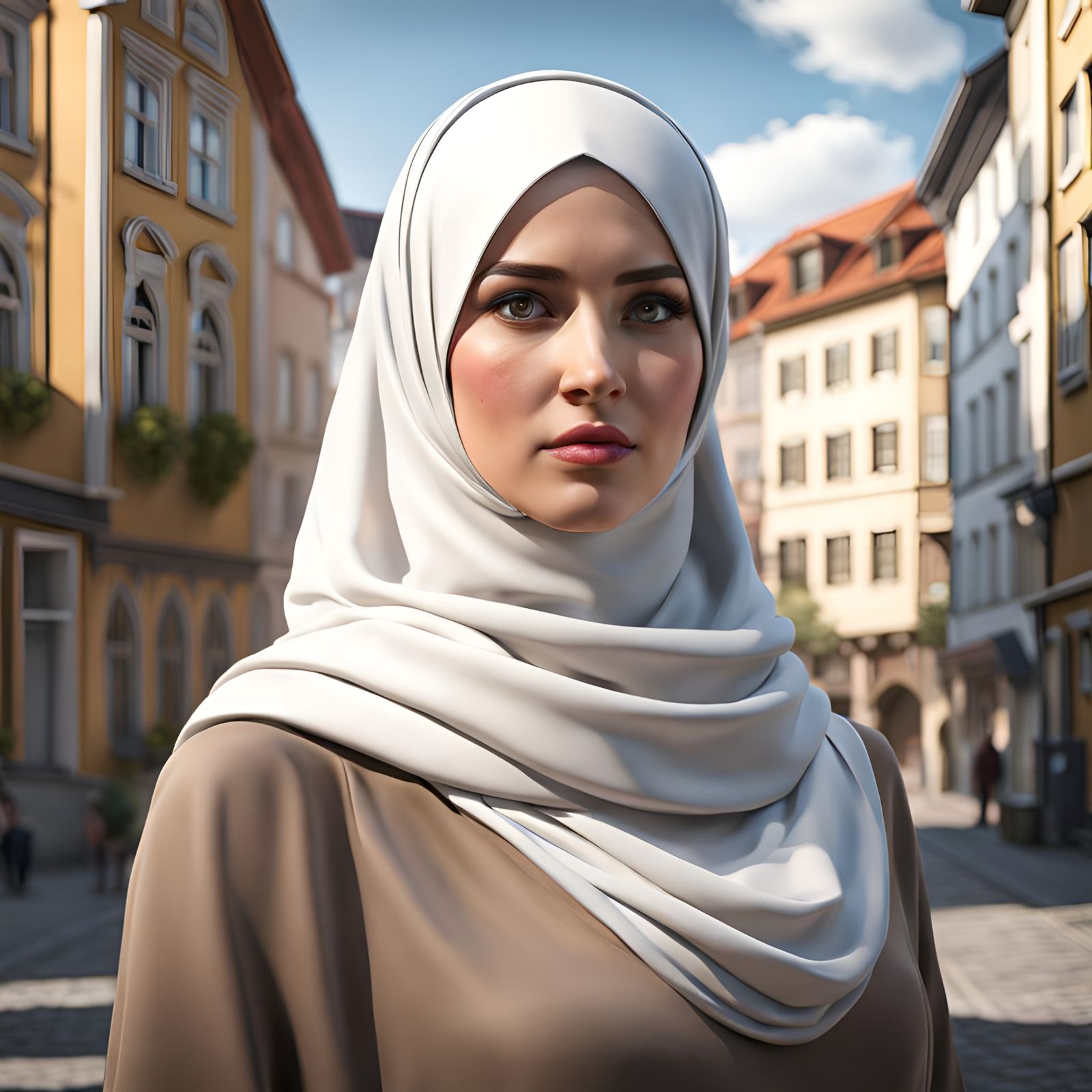 Girl with Hijab in Modern City, Digital Art