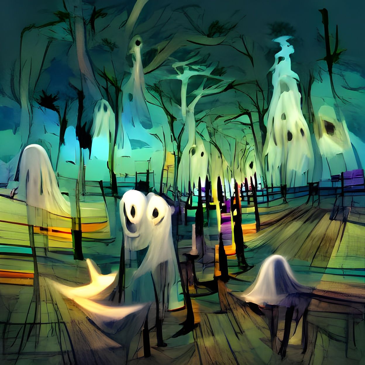 Enchanted Ghost Forest Illustration at Night