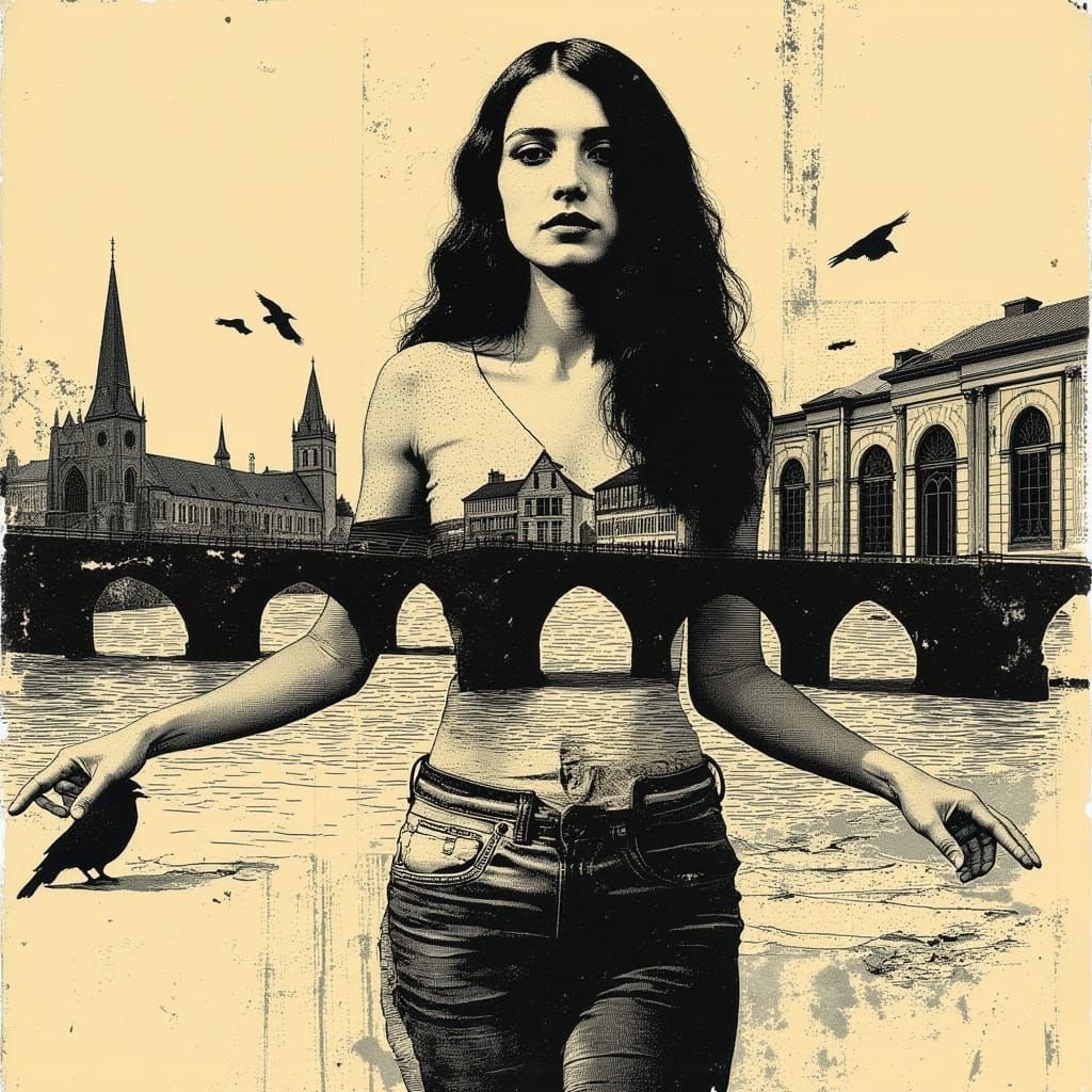 Woman Wearing Ink Drawing of Architectural Features in Pen a...