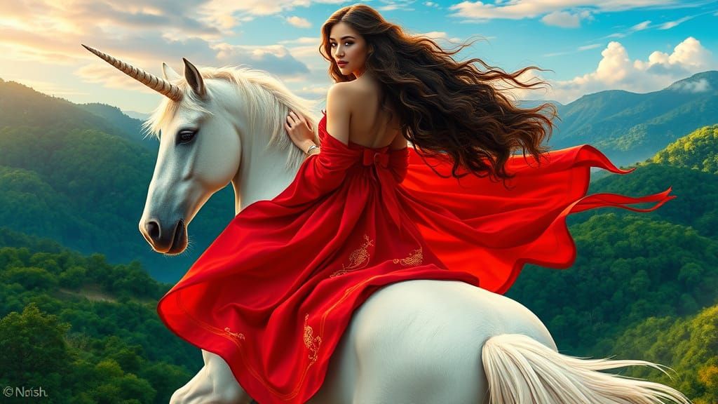 Hyperrealistic Young Woman Rides Majestic Unicorn Amidst Lus...