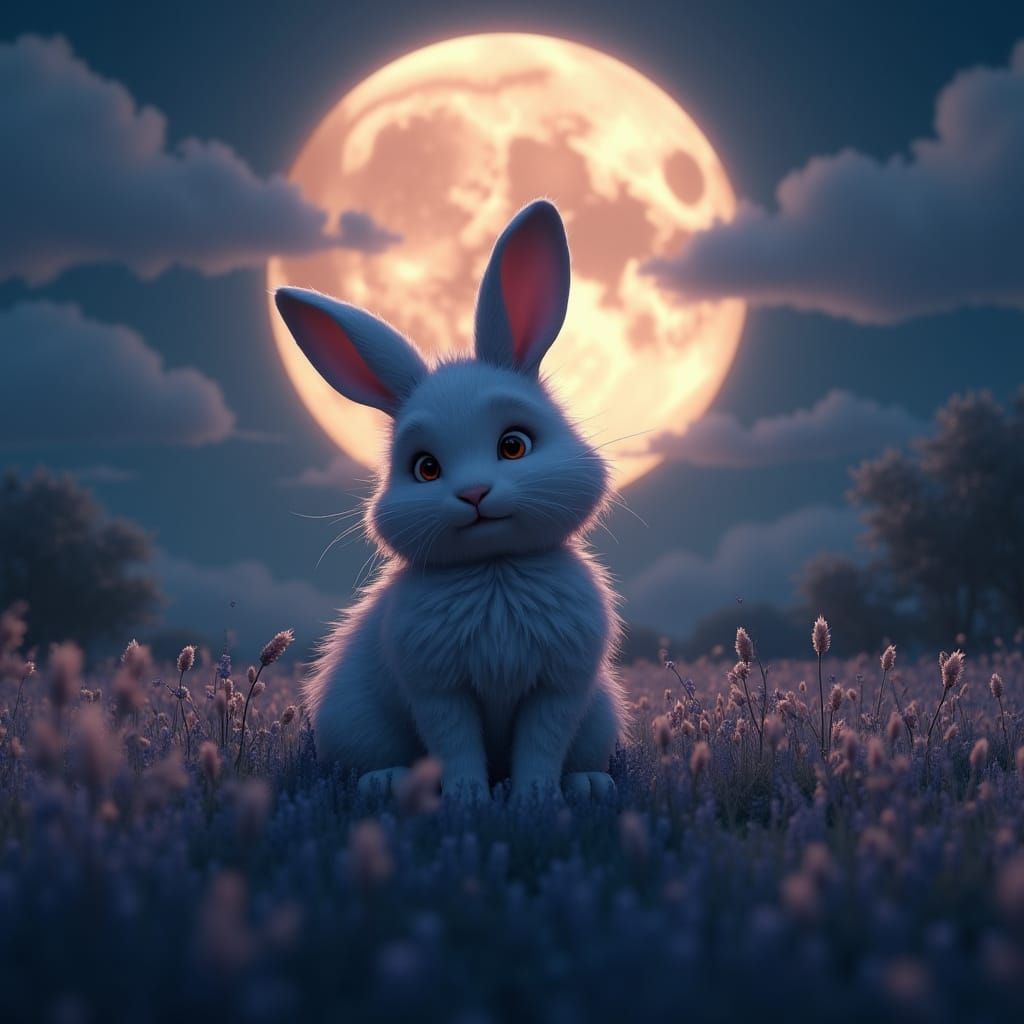 Fluffy Bunny Under Luminous Moon as Matte Painting