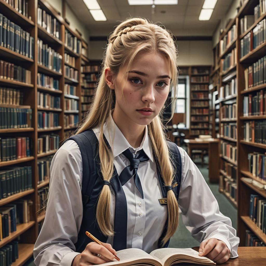 Schoolgirl Reading in Library: Hyperrealistic 64 Megapixel I...
