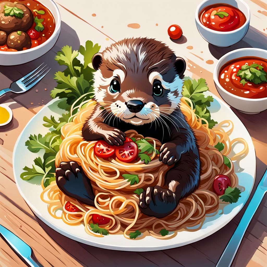 Cute Chibi Otter in Spaghetti, 8k Render