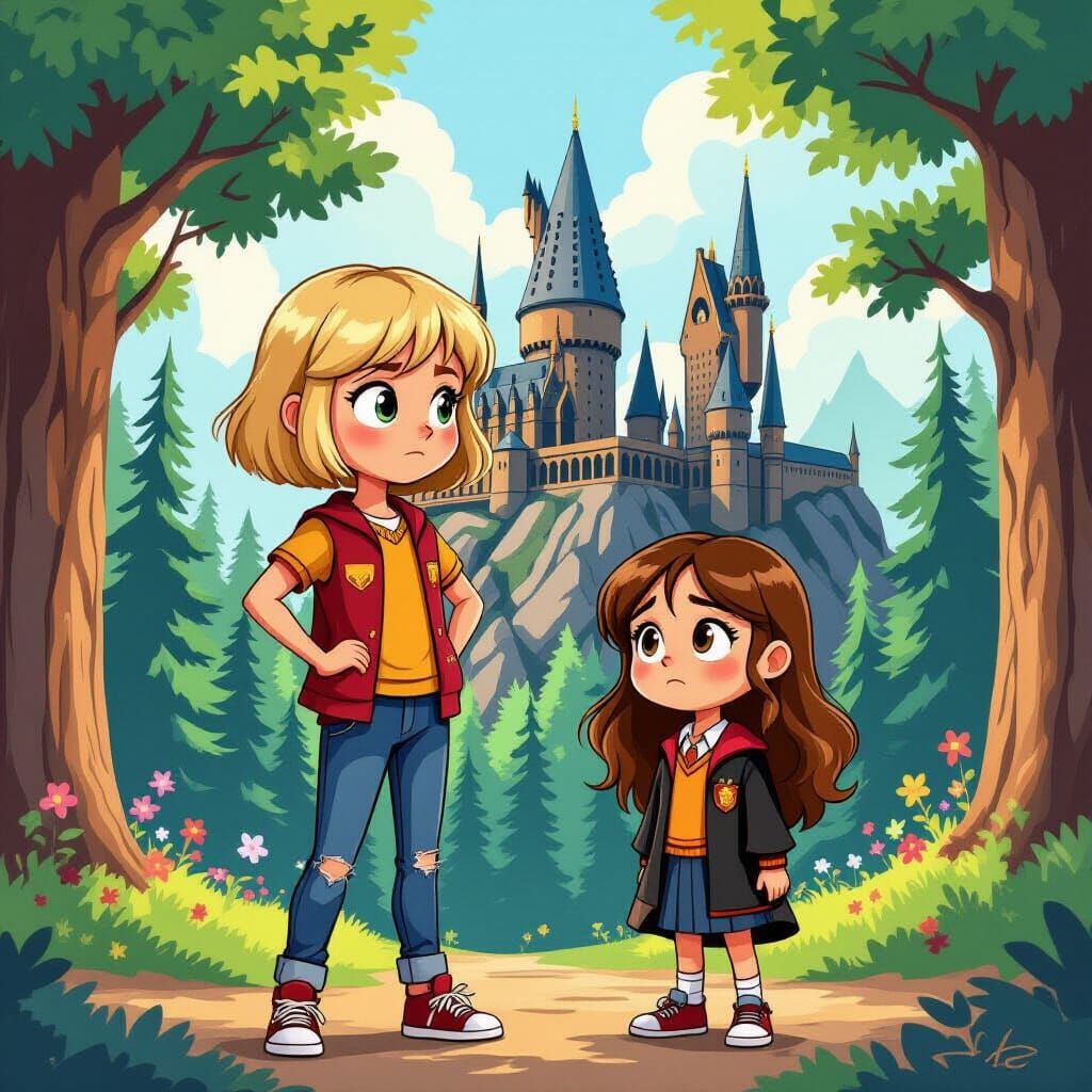 Girls in Forest with Harry Potter, Animated Style