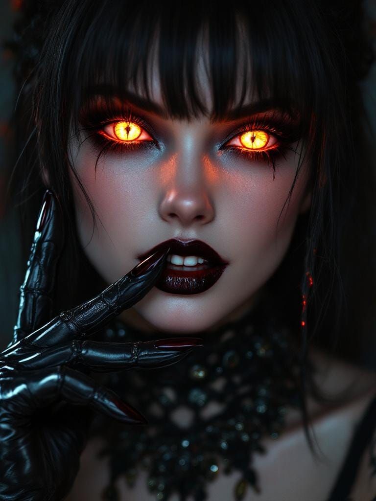 Vampire Woman with Luminous Eyes in Dark Pop-Fantasy Style