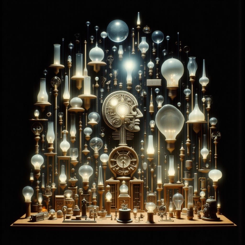 Surrealist Rayograph with Vintage Clockwork and Crystal Orbs