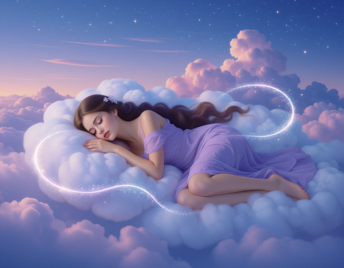 Dreamy Cloudscape: Woman Sleeping Peacefully in Watercolor S...