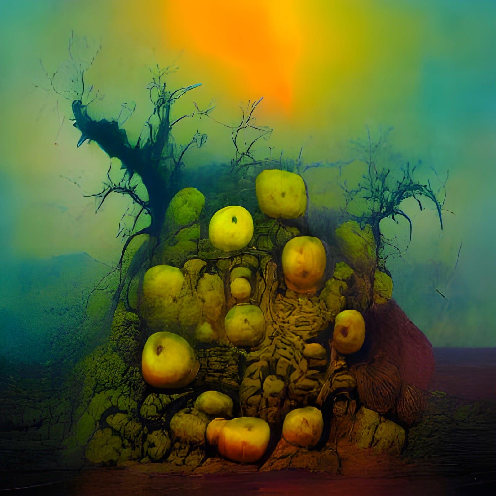 Surreal Yellow Fruit Rot in a Vibrant Murky Color Palette