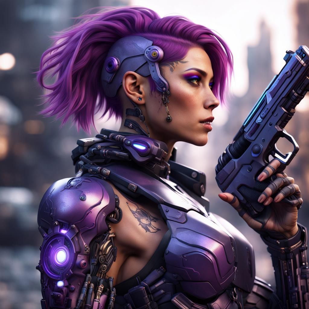 Cyborg Woman with Pistol in Detailed Digital Art